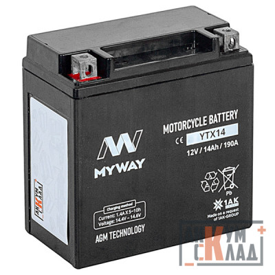 Аккумулятор MYWAY BIKE 14 Ah п.п. 190A YTX14 150*87*145