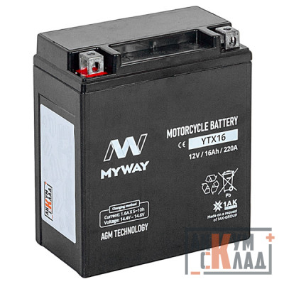 Аккумулятор MYWAY BIKE 16 Ah п.п. 220A YTX16 150*87*164